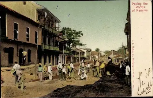 Ak Panama, Paving the streets, Straßenbau, Arbeiter