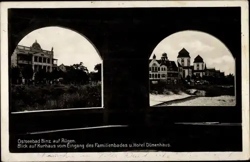 Ak Seebad Binz auf Rügen, Blick auf Kurhaus vom Eingang des Familienbades, Hotel Dünenhaus