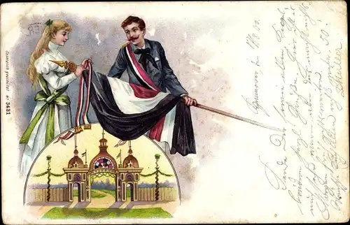 Litho Turner mit Fahne, Eingangstor, Turnfest