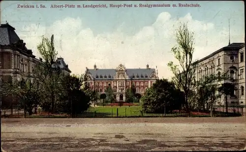 Ak Zwickau in Sachsen, Albertplatz, Landgericht, Hauptpost, Realgymnasium, Realschule