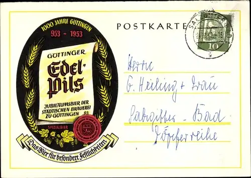 Ak Göttinger Edelpils, Das Bier für besondere Festlichkeiten, 1000 Jahre 1953