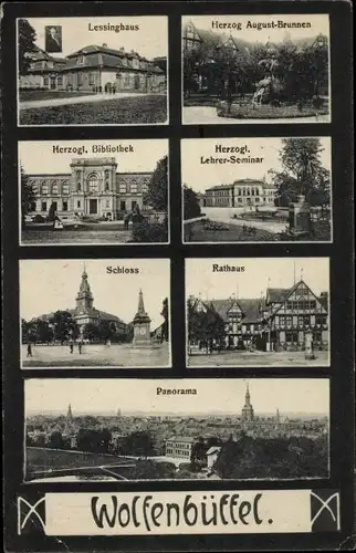 Ak Wolfenbüttel in Niedersachsen, Herzog August Brunnen, Lessinghaus, Rathaus, Lehrerseminar