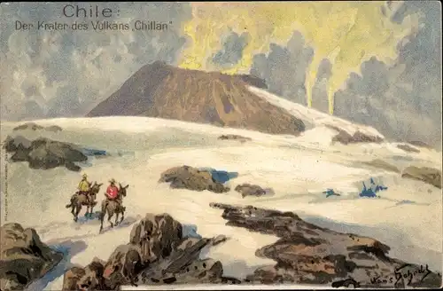 Künstler Ak Bohrdt, Hans, Chile, Der Krater des Vulkans Chillan, Reiter