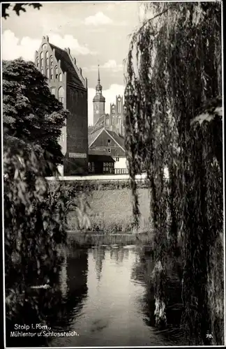 Ak Słupsk Stolp Pommern, Mühlentor und Schlossteich
