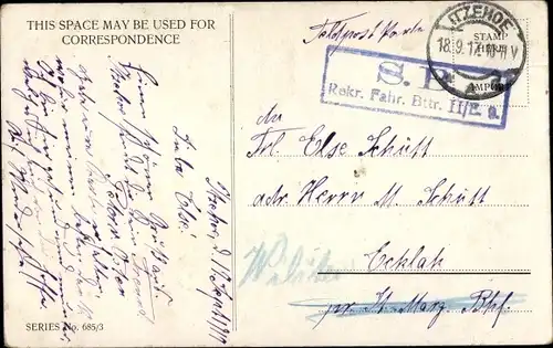 Ak Stempel Deutsche Feldpost 1. WK, Rekr. Fahr Battr. II/E. 9