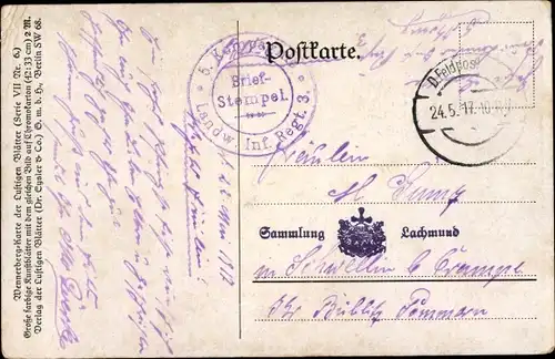 Ak Stempel Deutsche Feldpost 1. WK, 5. kompagnie Landw. Inf. Regt. 3