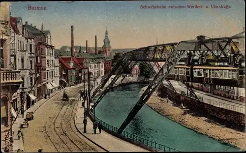 Ak Barmen Wuppertal, Schwebebahn zwischen Werther- und Uferstraße
