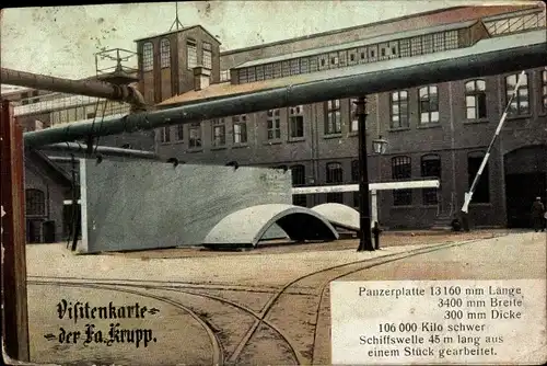 Ak Essen, Visitenkarte,Firma Krupp, Panzerplatte, Schiffswelle, Eingang Pressbau