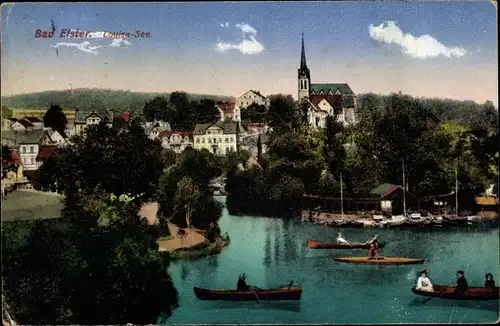 Ak Bad Elster im Vogtland, Louisa See mit Stadt im Hintergrund, Ruderboote