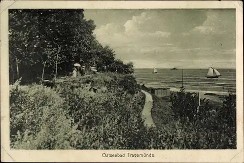 Ak Ostseebad Travemünde Lübeck, Segelboote, Blick aufs Meer, Uferpartie