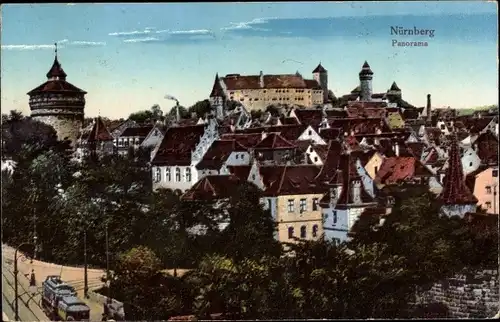 Ak Nürnberg in Mittelfranken, Panorama vom Ort, Straßenbahn