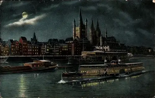 Ak Köln am Rhein, bei Nacht, Schiffe