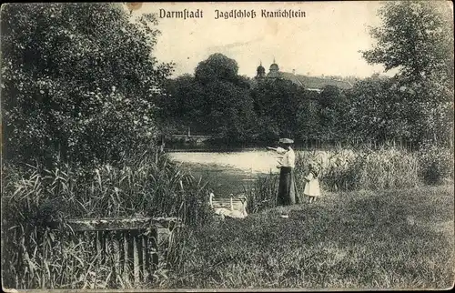 Ak Kranichstein Darmstadt in Hessen, Jagdschloss Kranichstein, Partie am Teich