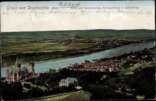 Ak Königswinter am Rhein, Drachenfels, Drachenburg, Blick auf Königswinter und Godesberg