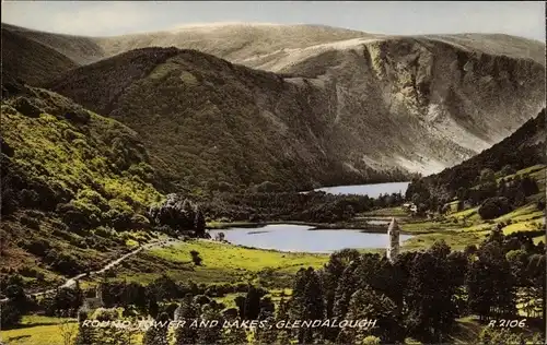 Ak Glendalough Co. Wicklow Irland, Round Tower and Lakes, Panorama