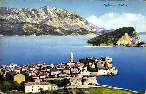 Ak Budva Montenegro, Panorama der Stadt, Kirchturm, Insel