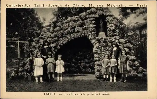 Ak Tahiti, Le chapelet à la grotte de Lourdes, Schwestern, Kinder