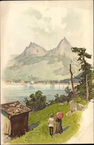 Litho Brunnen Kt Schwyz, Ortsansicht mit Mythen