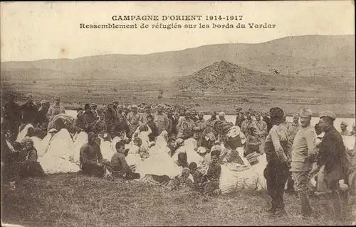 Ak Mazedonien, Fluß Vardar, Campagne d'Orient I. WK, Ressemblement de refugies