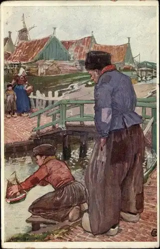 Künstler Ak Dorfbewohner in niederländischen Trachten, Fluss, Segelboot-Miniatur