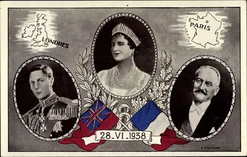 Ak King George VI., Queen Elizabeth Bowes Lyon, Président Albert Lebrun, 28.6.1938, London, Paris