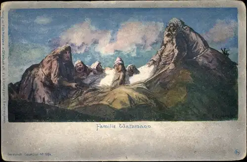 Künstler Ak Familie Watzmann, Watzmannsage, Berggesichter