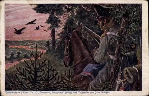 Künstler Ak Baluschek, H., Morgenrot, Morgenrot, Volkslied Nr. 16, Kolonialkriegerspende, Dt. Soldat