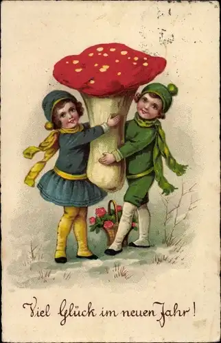 Ak Glückwunsch Neujahr, Kinder mit Pilz