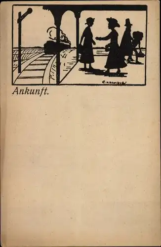 Scherenschnitt Künstler Ak Ankunft am Bahnhof, Dampflok, Passagiere, Bahnhofsmission