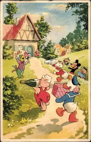 Künstler Ak Walt Disney, Donald Duck, Mickey Maus, Papagei, Geschenke