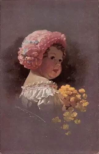 Künstler Ak Mädchen mit Haube und Blumenstrauß
