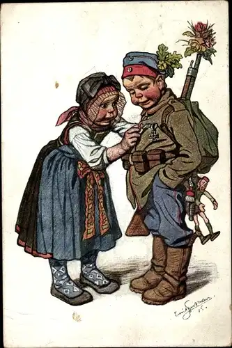Künstler Ak Beithan, Emil, Frau betrachtet Orden von einem Soldaten, hessische Tracht