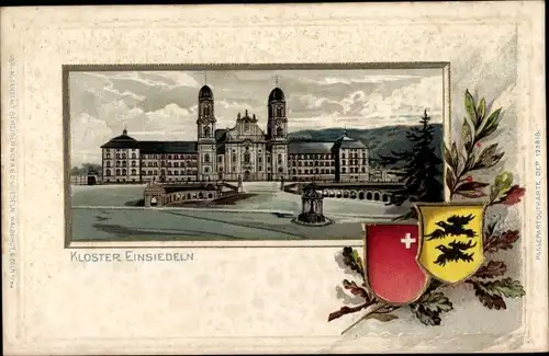Präge Wappen Passepartout Litho Einsiedeln Kanton Schwyz Schweiz, Kloster