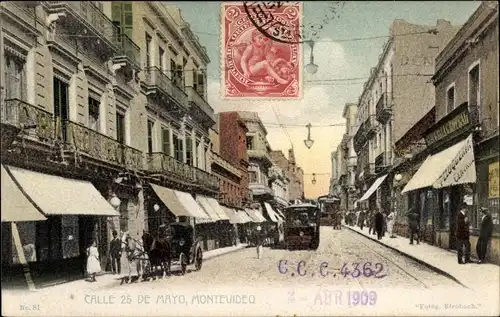 Ak Montevideo Uruguay, Calle 25 de Mayo, Straßenbahn, Geschäfte