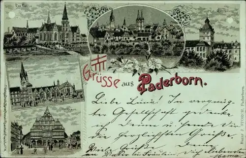 Mondschein Litho Paderborn in Westfalen, Dom, Rathaus, Gymnasium