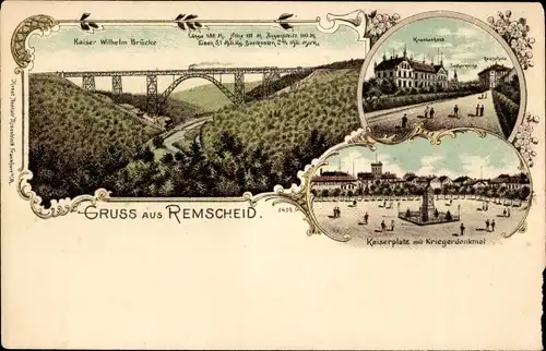 Litho Remscheid Bergisches Land, Kaiser Wilhelm Brücke, Kaiserplatz, Kriegerdenkmal, Krankenhaus