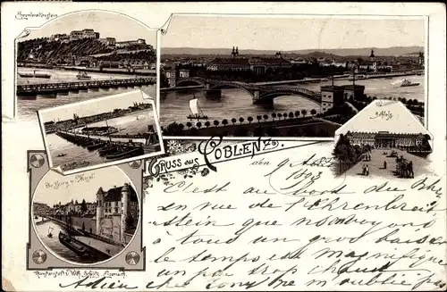 Litho Ehrenbreitstein Koblenz am Rhein, Gesamtansicht, Schloss, Burg