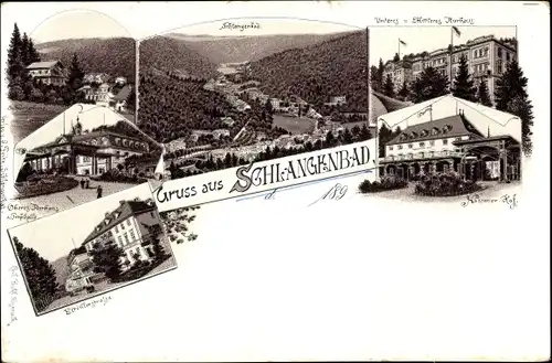 Litho Schlangenbad Hessen, Nassauer Hof, Kurhaus, Eltvillerstraße, Kurhaus, Trinkhalle,Schweizerhaus