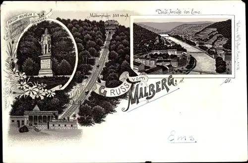 Litho Bad Ems an der Lahn, Malberg, Malbergbahn, Kaiser Wilhelm I. Denkmal