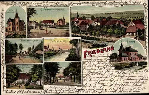 Litho Friedland an der Leine, Villa Baumbach, Bahnhof, Rittergut von Schneen, Lindenallee, Gasthof