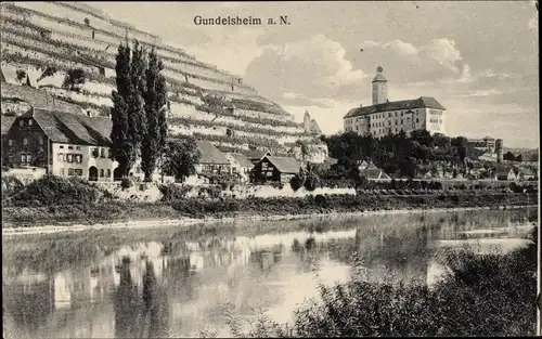 Ak Gundelsheim am Neckar Württemberg, Flusspartie, Blick auf den Ort