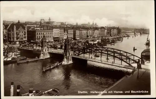 Ak Szczecin Stettin Pommern, Hafenpartie mit Hansabrücke und Baumbrücke