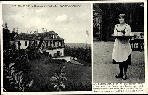 Ak Mariánské Lázně Marienbad Reg. Karlsbad, Restaurant Cafe Rotkäppchen, Kellnerin