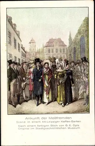 Künstler Ak Opiz, G.E., Leipzig in Sachsen, Ankunft der Messfremden, Szene in einem Kaffeegarten