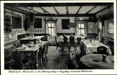 Ak Waschleithe Grünhain Beierfeld im Erzgebirge, Köhlerhütte Fürstenbrunn, historische Köhlerstube