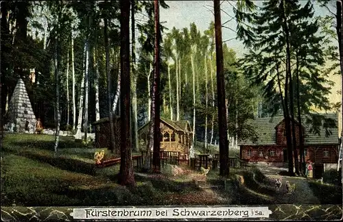 Ak Waschleithe Grünhain Beierfeld in Sachsen, Köhlerhütte Fürstenbrunn, Denkmal Prinzenraub