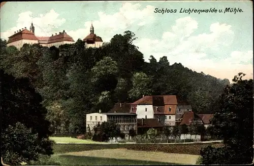 Ak Lichtenwalde Niederwiesa Sachsen, Schloss Lichtenwalde und Mühle