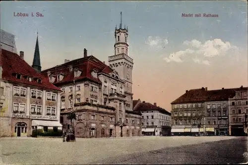 Ak Löbau Sachsen, Markt mit Rathaus, Hotel Restaurant Goldenes Schiff