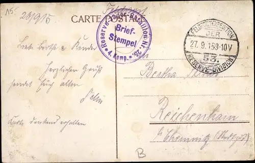 Ak Stempel Deutsche Feldpost 1. WK, 53. Res. Div., Reserve Jäger Bataillon Nr. 25, 4. Komp.