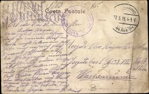 Ak Stempel Deutsche Feldpost 1. WK, 44. Res. Div., Masch Gew. Zug Res. Inf. Regt. 106